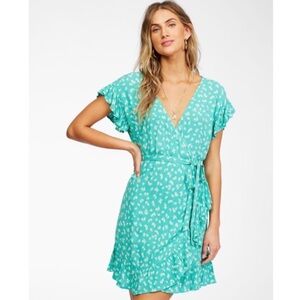 SMALL Billabong Printed Wrap Mini Dress Aqua Wrap & Roll Green Floral Ruffle